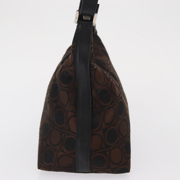 Salvatore Ferragamo Gancini Shoulder Bag Nylon Brown Silver Auth BA9517