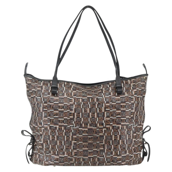 Salvatore Ferragamo Tote Bag PVC Leather Brown Silver Auth BA9529
