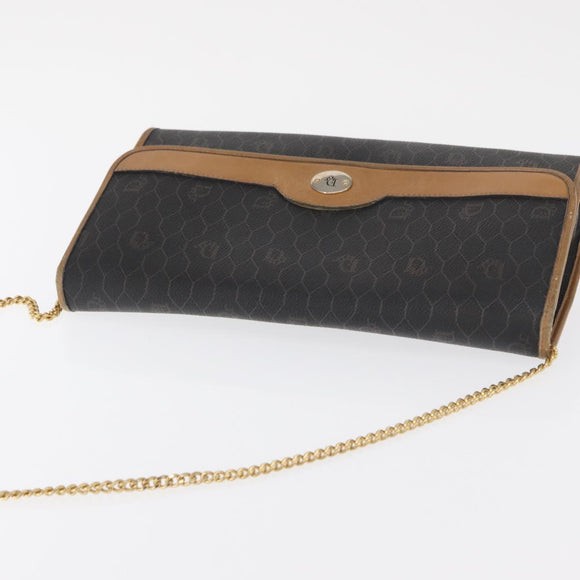 Christian Dior Honeycomb Canvas Chain Shoulder Bag PVC Black Gold Auth BA9551