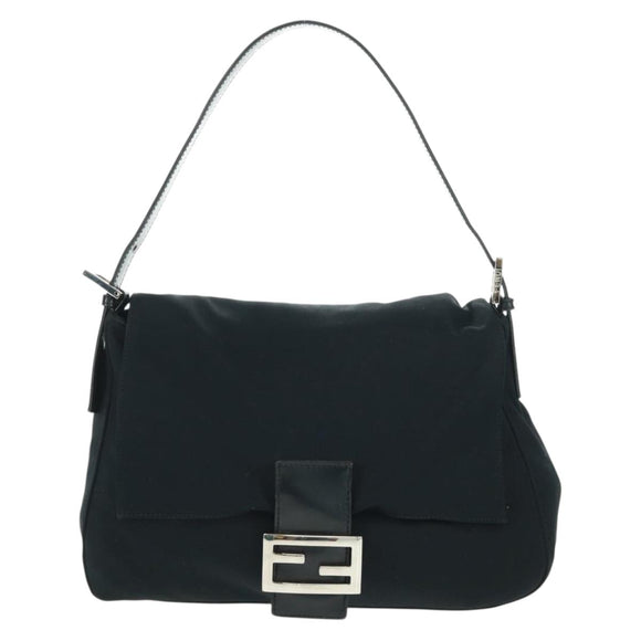FENDI Mamma Baguette Shoulder Bag Nylon Black Silver Auth BA9559V
