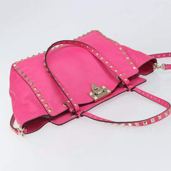 VALENTINO Rock Studs Hand Bag Leather 2way Pink Gold Auth BA9568V