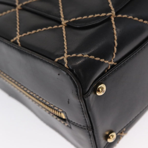 CHANEL Wild Stitch Hand Bag Leather Black Gold CC Auth BA9589