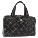 CHANEL Wild Stitch Hand Bag Leather Black Gold CC Auth BA9589-1