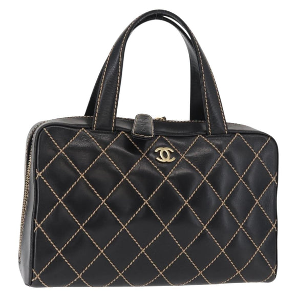 CHANEL Wild Stitch Hand Bag Leather Black Gold CC Auth BA9589