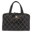 CHANEL Wild Stitch Hand Bag Leather Black Gold CC Auth BA9589-13
