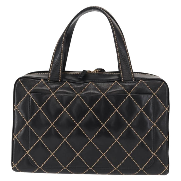 CHANEL Wild Stitch Hand Bag Leather Black Gold CC Auth BA9589