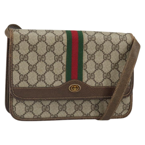 GUCCI GG Supreme Web Sherry Line Shoulder Bag PVC Beige Gold Auth BA9596