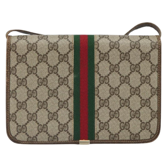 GUCCI GG Supreme Web Sherry Line Shoulder Bag PVC Beige Gold Auth BA9596