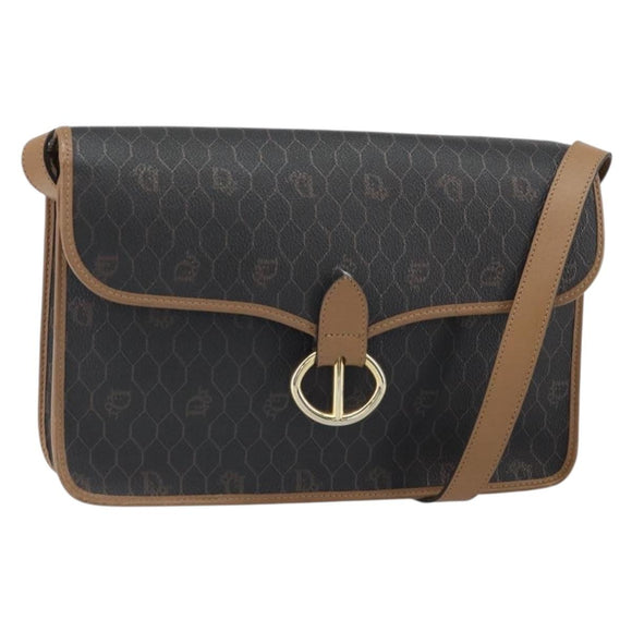 Christian Dior Honeycomb Canvas Shoulder Bag PVC Black Gold Auth BA9598