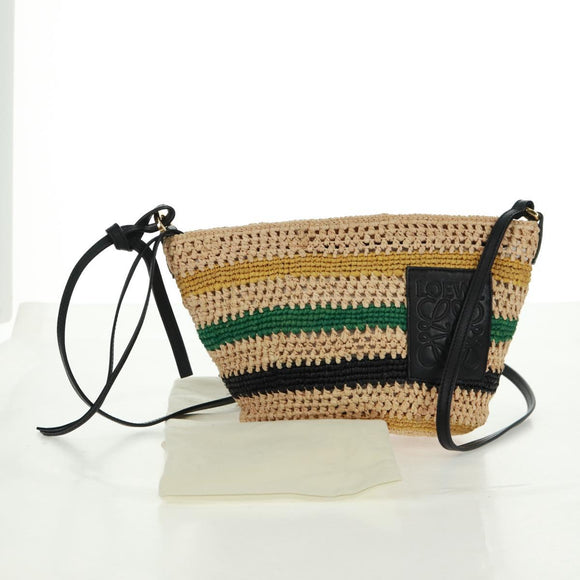 LOEWE Pochette bag Anagram Shoulder Bag Raffia Beige Gold Auth BA9640V