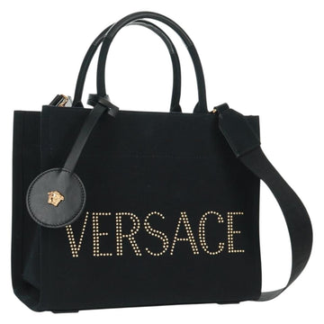 VERSACE Hand Bag Canvas 2way Black Gold Auth BA9642SAM