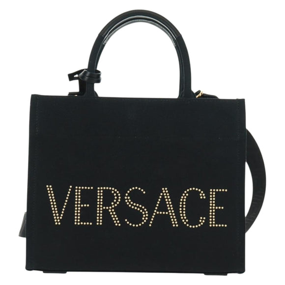 VERSACE Hand Bag Canvas 2way Black Gold Auth BA9642SAM