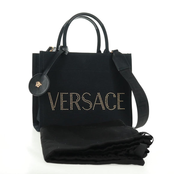 VERSACE Hand Bag Canvas 2way Black Gold Auth BA9642SAM