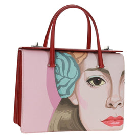 PRADA Face Art Hand Bag Safiano leather Red Silver Auth BA9643SM