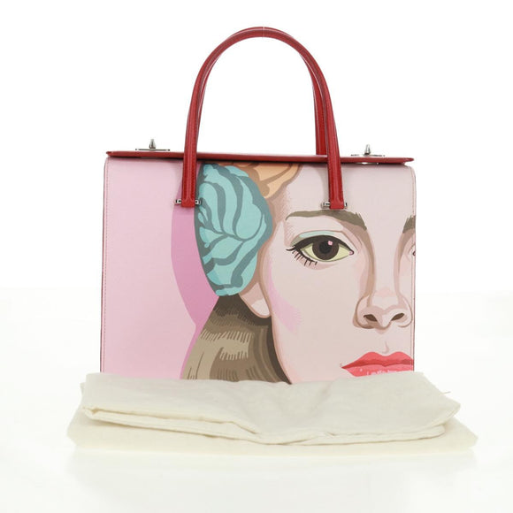 PRADA Face Art Hand Bag Safiano leather Red Silver Auth BA9643SM