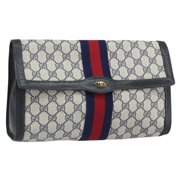 GUCCI GG Supreme Sherry Line Clutch Bag PVC Navy Gold 41 014 3087 Auth BA9677