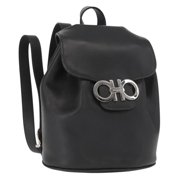 Salvatore Ferragamo Gancini Backpack Leather Black Silver Auth BA9687