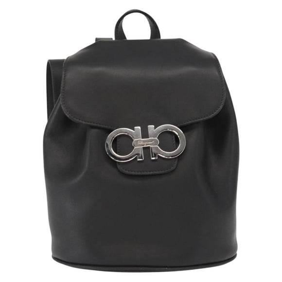 Salvatore Ferragamo Gancini Backpack Leather Black Silver Auth BA9687