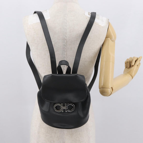 Salvatore Ferragamo Gancini Backpack Leather Black Silver Auth BA9687