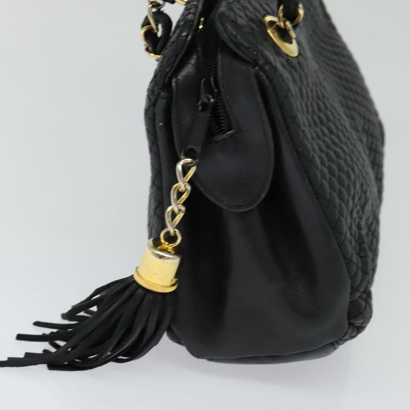 BALLY Quilted Hand Bag Leather Black Auth BA969