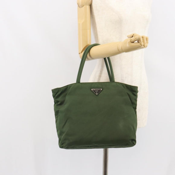 PRADA Hand Bag Nylon Khaki Silver Auth BA9697