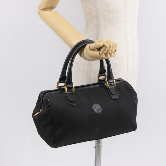 FENDI Pecan Canvas Hand Bag Black Brown gold Auth BA9717