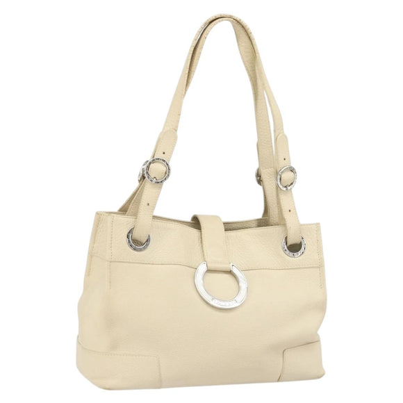 BVLGARI Tote Bag Leather Beige Silver Auth BA9722