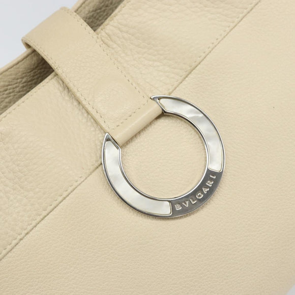 BVLGARI Tote Bag Leather Beige Silver Auth BA9722