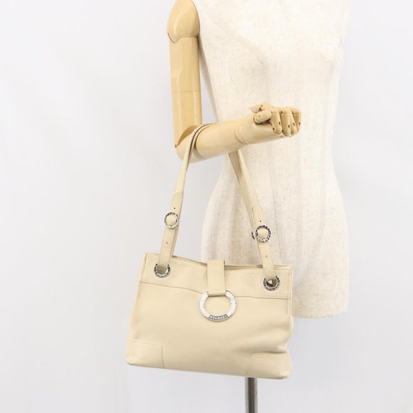 BVLGARI Tote Bag Leather Beige Silver Auth BA9722