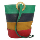 CELINE Shoulder Bag Leather Embossed Green Yellow Red Auth BA973-1