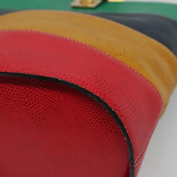 CELINE Shoulder Bag Leather Embossed Green Yellow Red Auth BA973