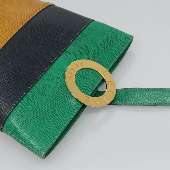 CELINE Shoulder Bag Leather Embossed Green Yellow Red Auth BA973
