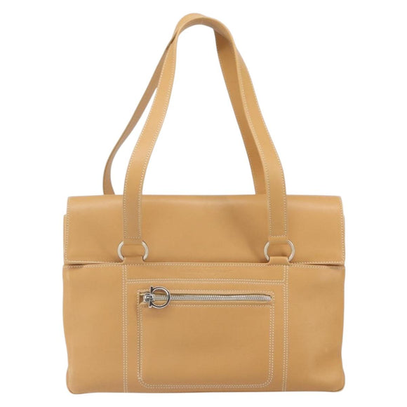 Salvatore Ferragamo Tote Bag Leather Beige Silver Auth BA9736