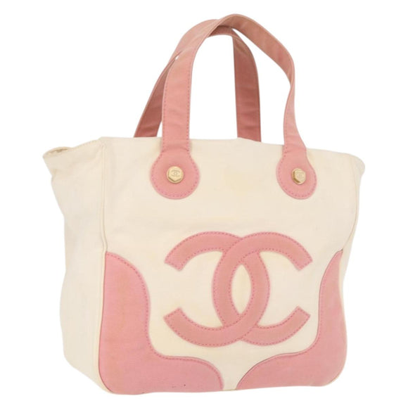 CHANEL Tragetasche Canvas Weiß Gold CC Auth BA9739