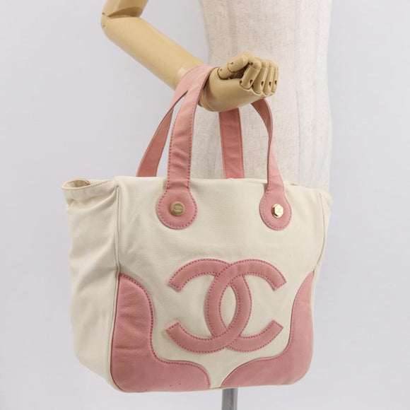 CHANEL Tote Bag Canvas White Gold CC Auth BA9739