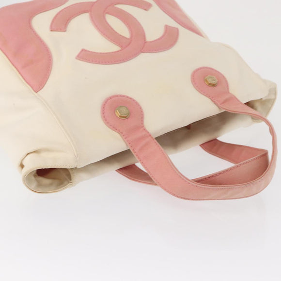 CHANEL Tragetasche Canvas Weiß Gold CC Auth BA9739