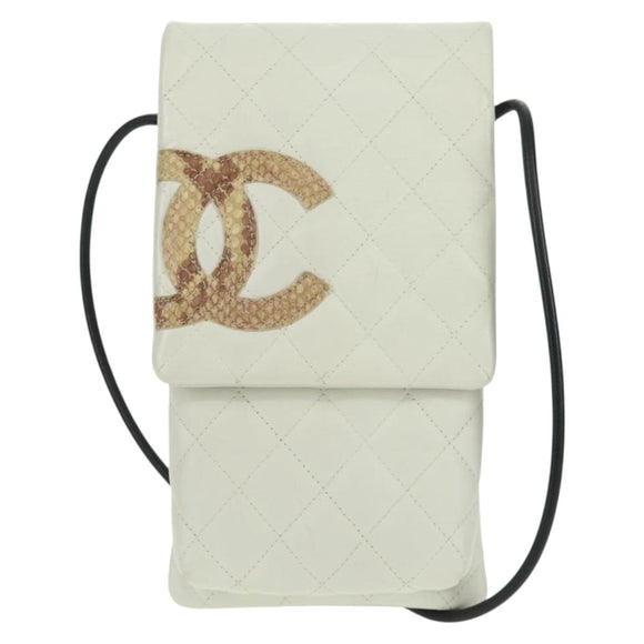 CHANEL Matelasse Cambon Line Shoulder Bag Leather White Black CC Auth BA9742V