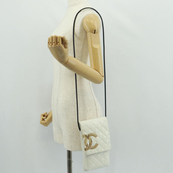 CHANEL Matelasse Cambon Line Shoulder Bag Leather White Black CC Auth BA9742V