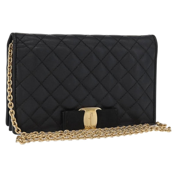 Salvatore Ferragamo Chain Wallet Shoulder Bag Leather Black Gold Auth BA9798