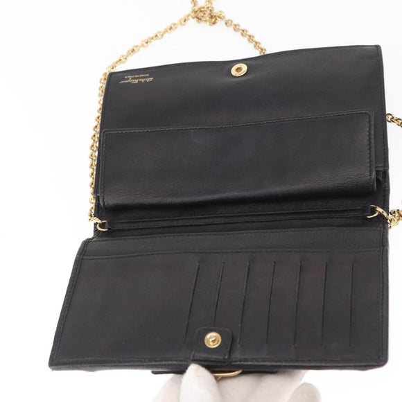 Salvatore Ferragamo Chain Wallet Shoulder Bag Leather Black Gold Auth BA9798