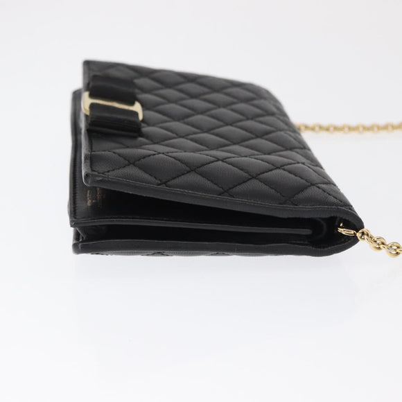 Salvatore Ferragamo Chain Wallet Shoulder Bag Leather Black Gold Auth BA9798