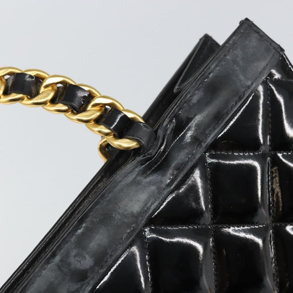 CHANEL Matelasse Hand Bag Patent leather Black Gold CC Auth BA9804