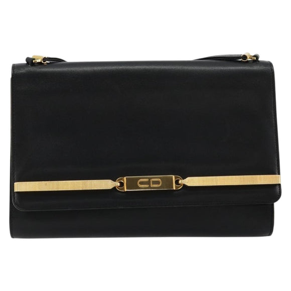 Christian Dior Shoulder Bag Leather Black Gold Auth BA9830