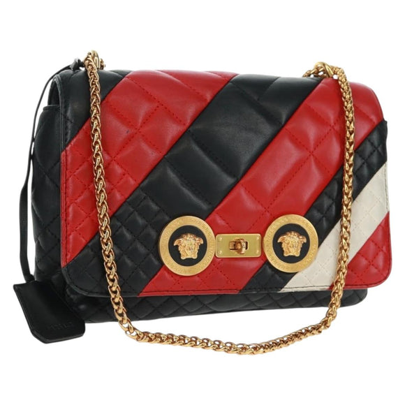 Gianni Versace Ketten-Umhängetasche Leder Schwarz Gold Auth BA9863V