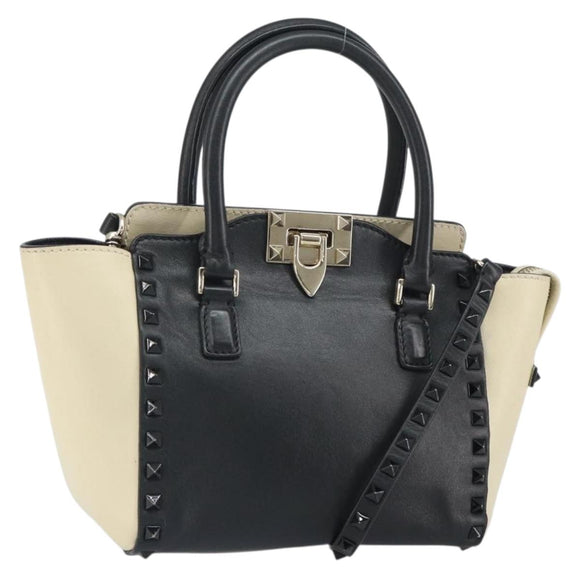 VALENTINO Hand Bag Leather 2way Black Gold Auth BA9864