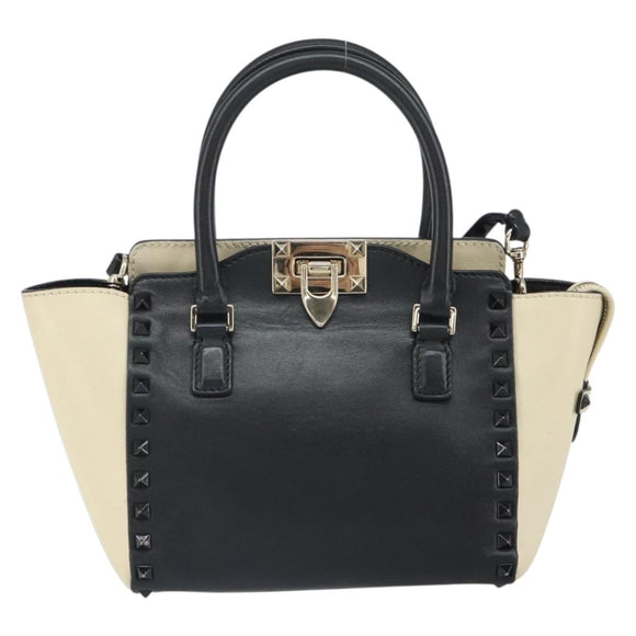 VALENTINO Hand Bag Leather 2way Black Gold Auth BA9864