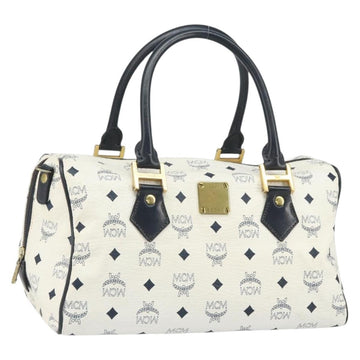 MCM Vicetos Logogram Boston Bag PVC Leather White Gold Auth BA9868
