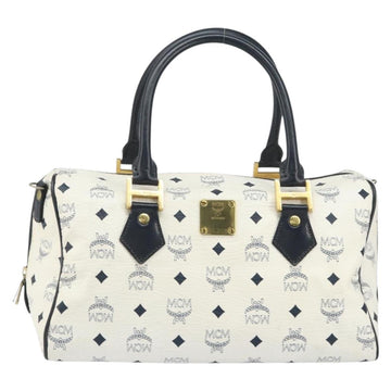 MCM Vicetos Logogram Boston Bag PVC Leather White Gold Auth BA9868 - 0
