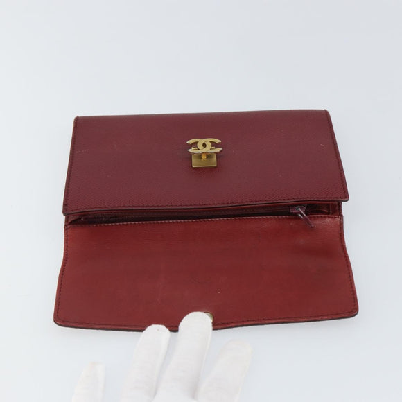 CHANEL Wallet Leather Red Gold CC Auth BA9871