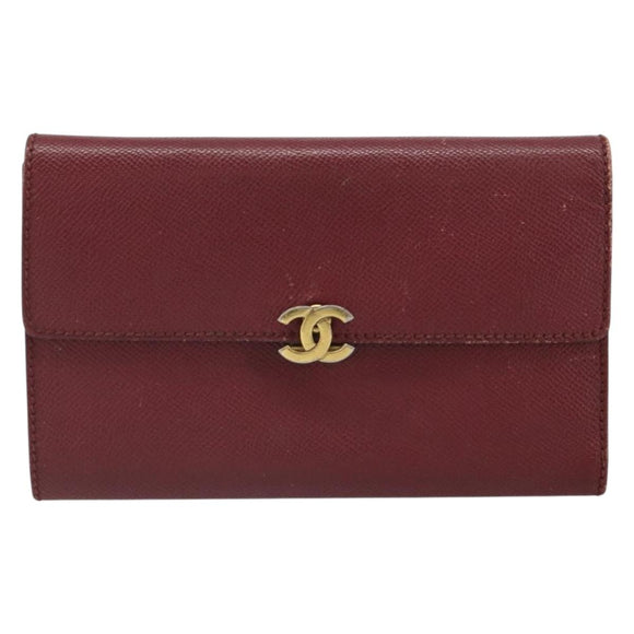 CHANEL Wallet Leather Red Gold CC Auth BA9871